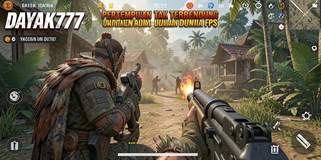 Tangkapan layar GAMEPLAY DAYAK777 menampilkan aksi intens dalam pertempuran FPS.