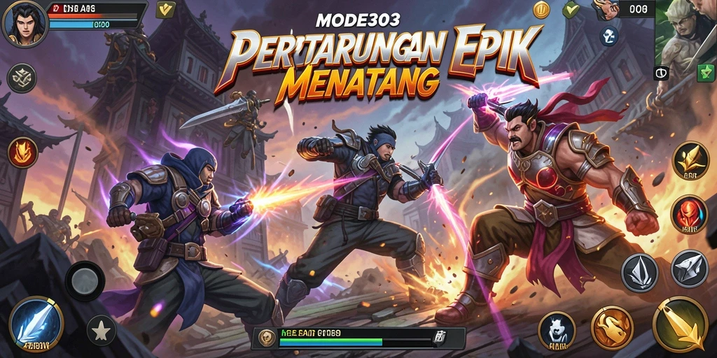 Screenshot utama MODE303 menampilkan karakter bertarung dengan grafik menawan.