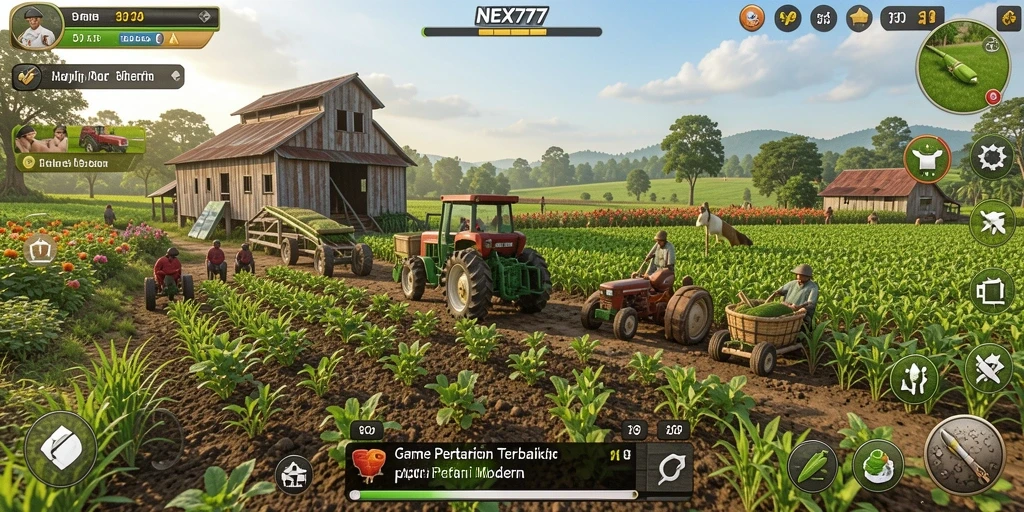 Screenshot gameplay NEX777 dengan pemandangan ladang subur.