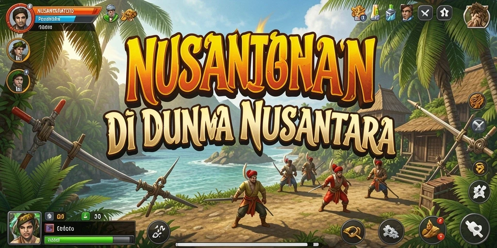Tampilan gameplay NUSANTARATOTO dengan menara dan pahlawan yang beraksi.