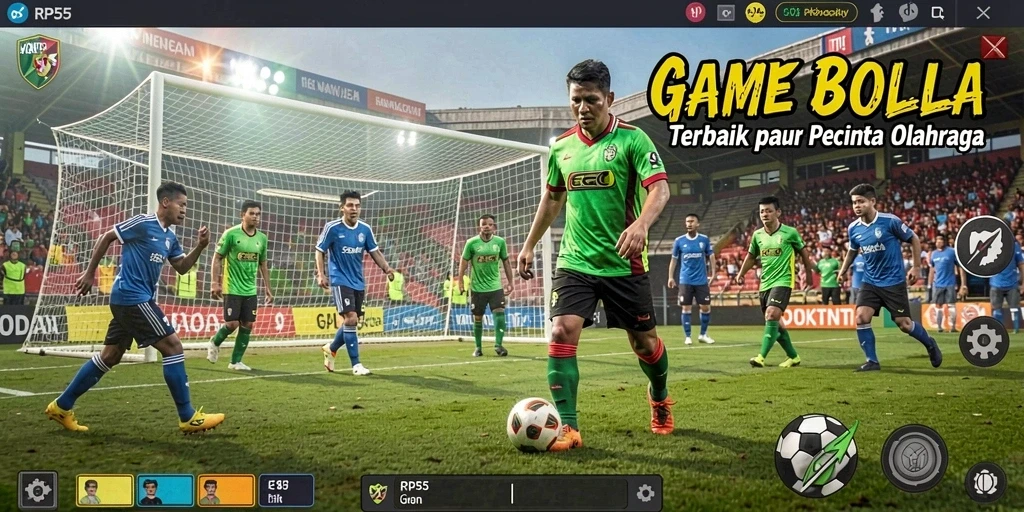 Screenshot RP55 menampilkan gameplay sepak bola yang mendebarkan.